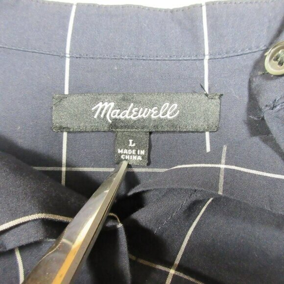 MadeWell womens navy gray Windowpane plaid bell sleeve button top L g0386 - Picture 3 of 5